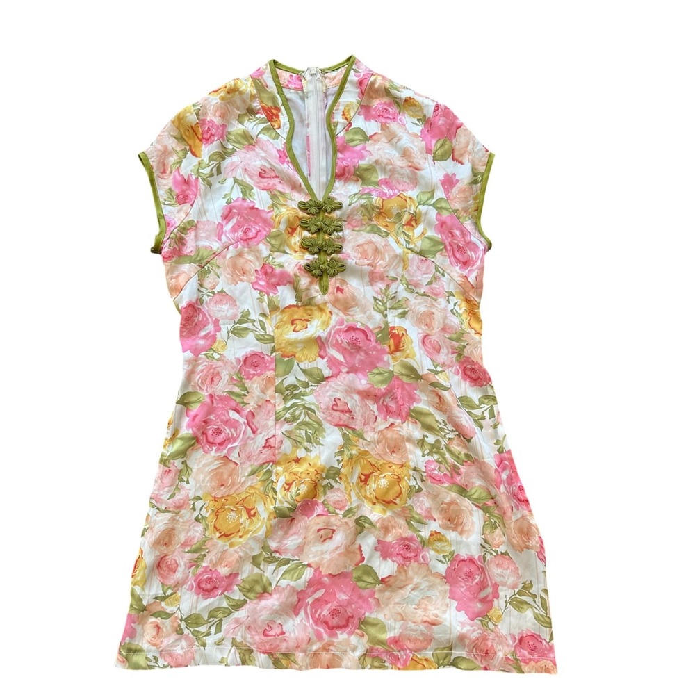 Vintage Floral Rose Mini Dress Pink Yellow Green Frog Button Mandarin Collar
